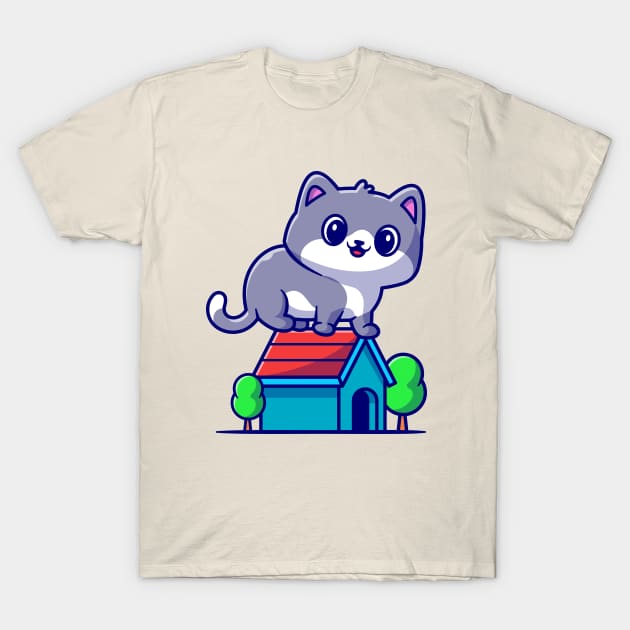 Cute Cat Sitting On House Cartoon T-Shirt by Catalyst Labs